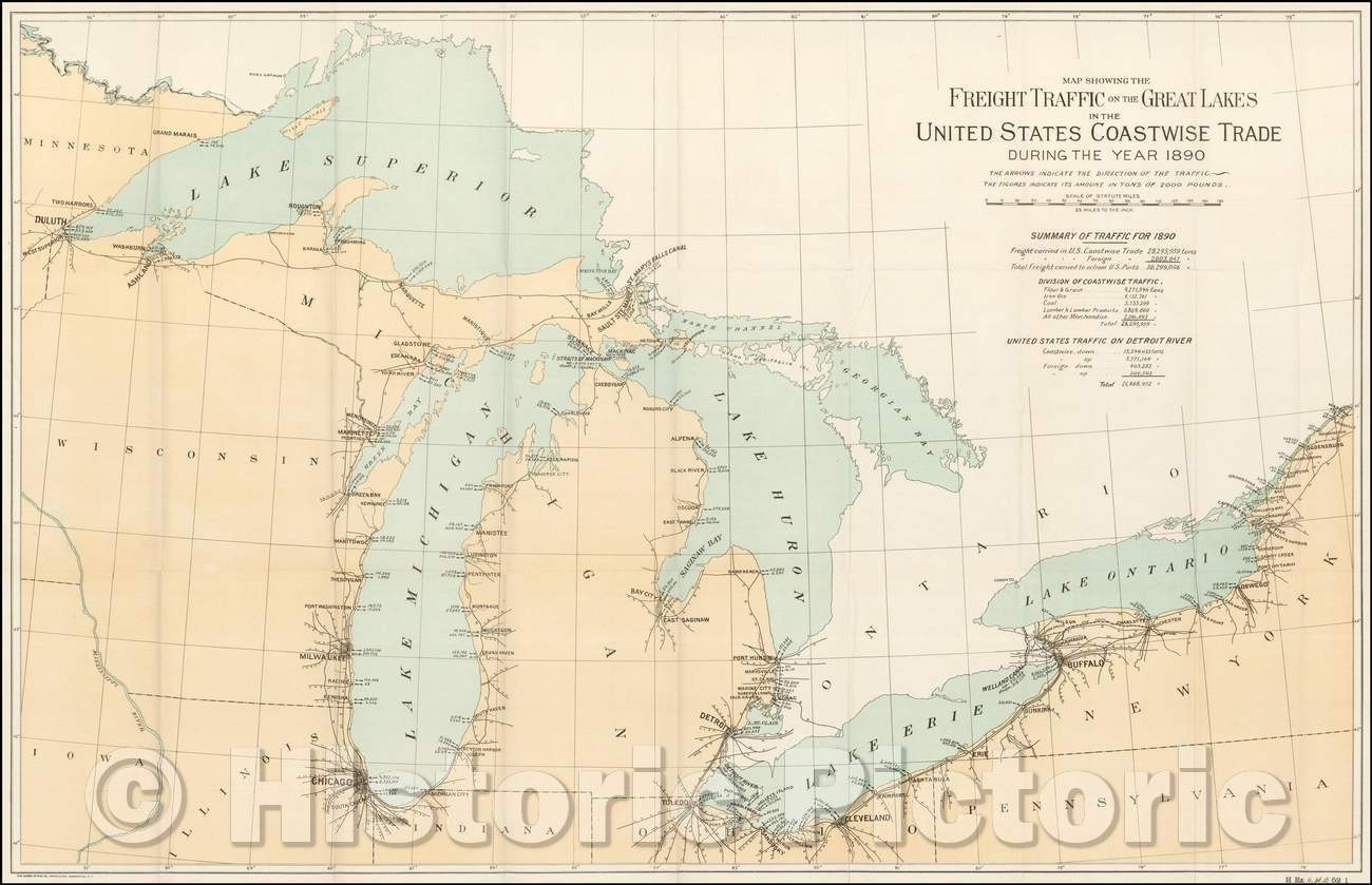 Historic Map - Map Showing The Freight Traffic on the Great Lakes in the United States Coastwise Trade During the year, 1891, United States GPO - Vintage Wall Art