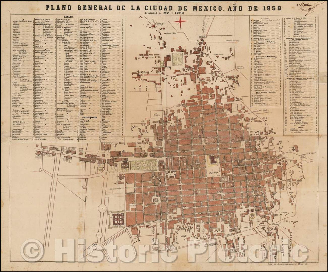 Historic Map - Plano General De La Ciudad De Mexico. A? de 1858/Wide of Mexico City. Year 1858, 1858, Rosa y Bourret - Vintage Wall Art