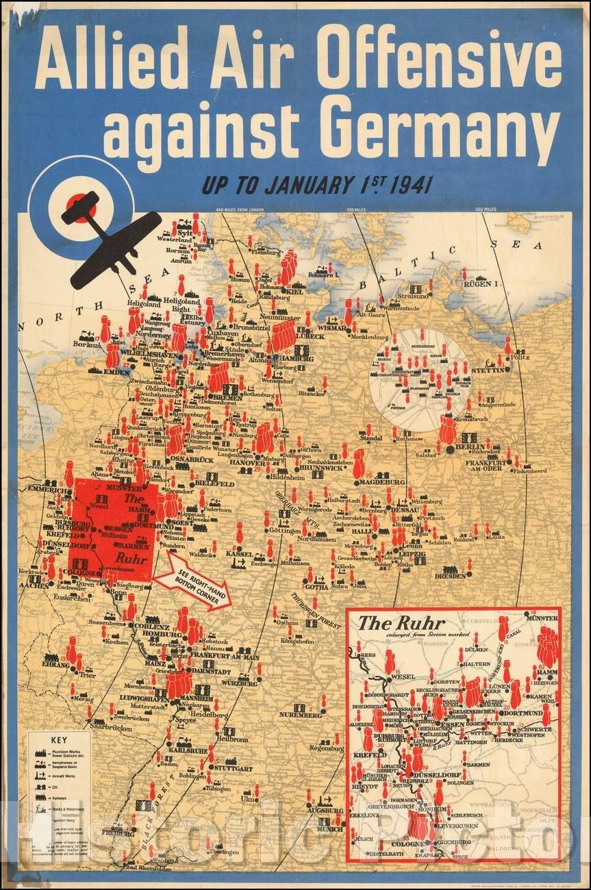 Historic Map - Allied Air Offensive against Germany Up To January 1st 1941, 1941, J. Weiner LTD - Vintage Wall Art