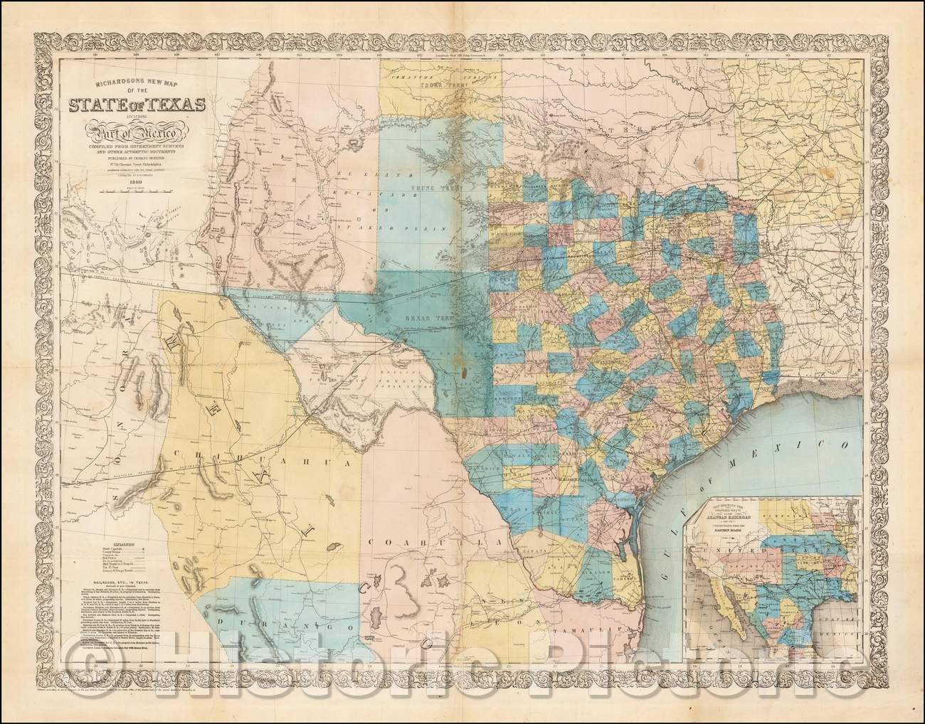 Historic Map - Richardson's New Map of the State of Texas Including Part of Mexico, 1860, Willard Richardson - Vintage Wall Art