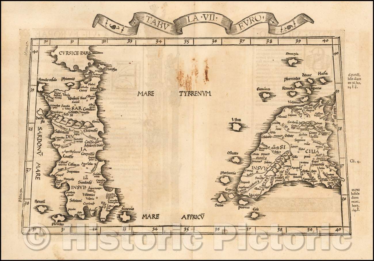 Historic Map - Tabula VII Euro. Sicily and Sardinia, 1525, Lorenz Fries - Vintage Wall Art