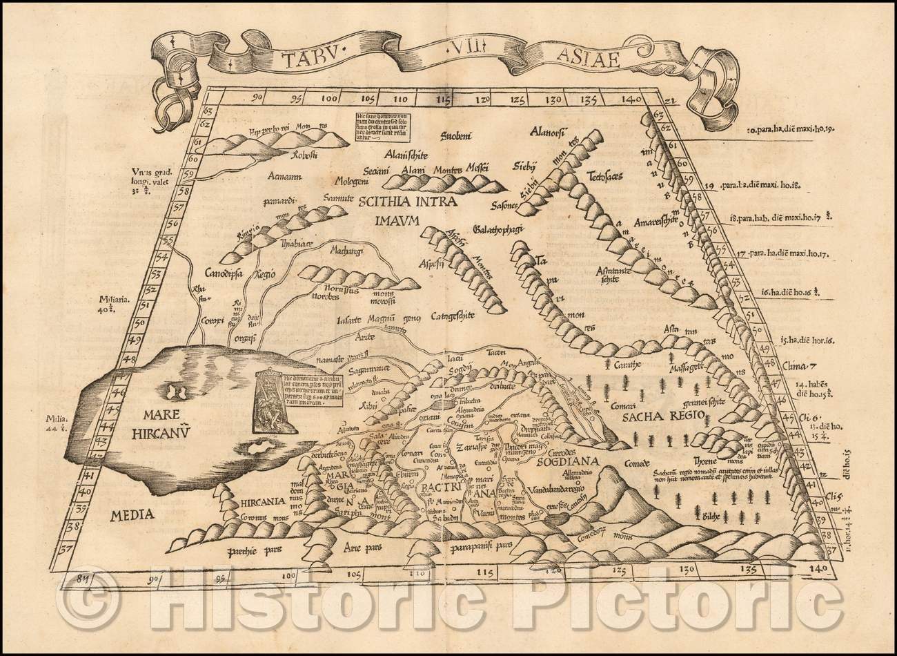 Historic Map - Tabula VII Asiae Russia, Kazakhstan, Uzbekistan, Turkmenistan & Iran Title on Verso, 1525, Lorenz Fries - Vintage Wall Art