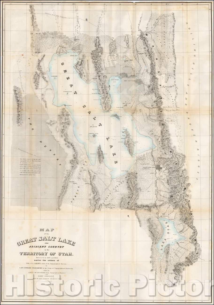 Historic Map - Map of the Great Salt Lake and Adjacent Country in the Territory of Utah. Surveyed in 1849 and 1850, under the orders of Col. J.J. Abert, 1852 - Vintage Wall Art