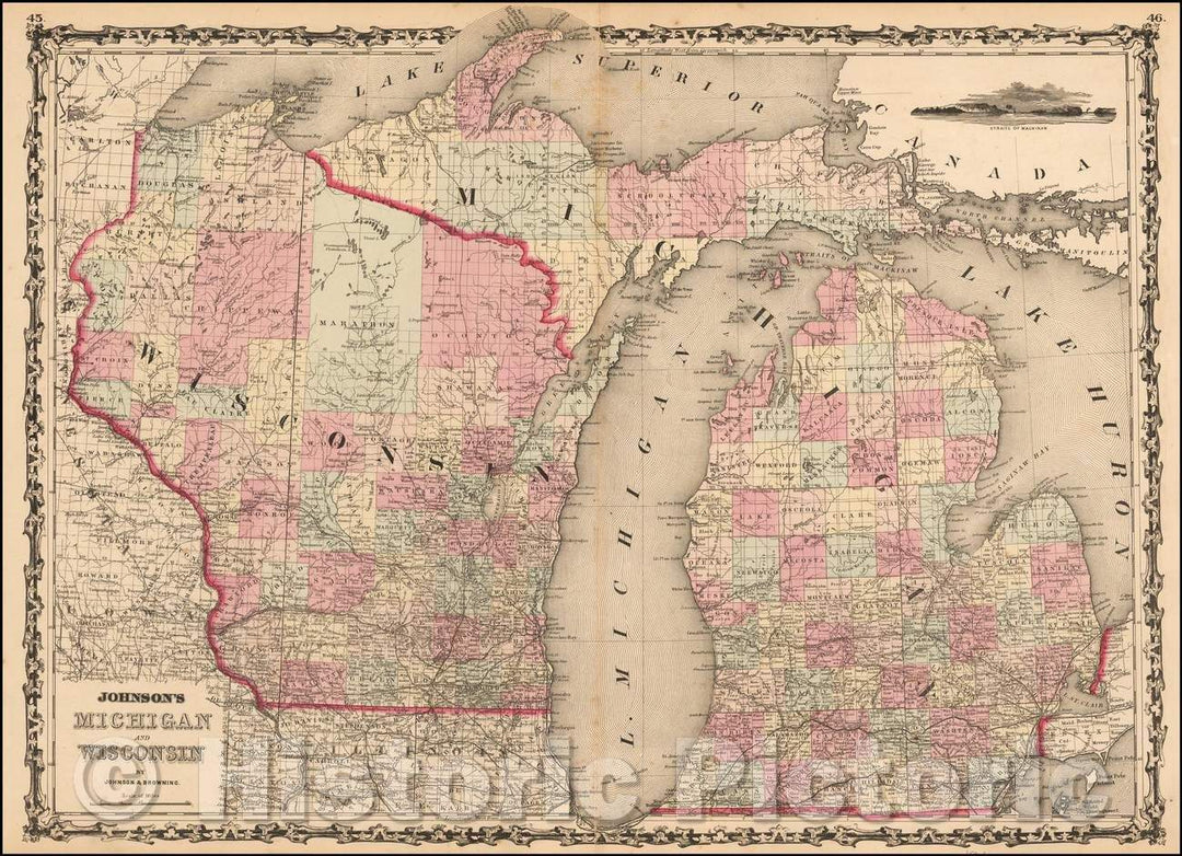 Historic Map - Johnson's Michigan and Wisconsin, 1861, Alvin Jewett Johnson v2