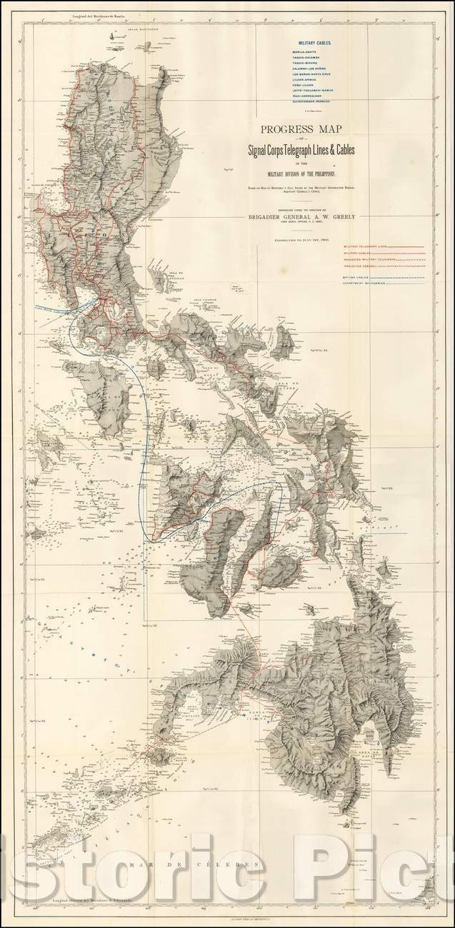 Historic Map - Progress Map of Signal Corps Telegraph Lines & Cables In The Military Division of the Philippines, 1900, United States Dept. of the Navy - Vintage Wall Art