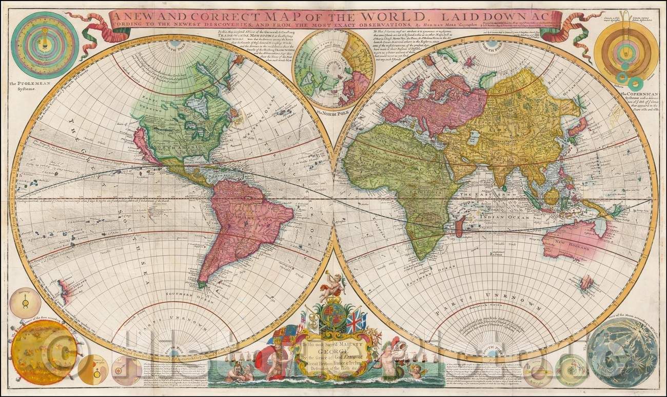 Historic Map - A New and Correct Map of the World Laid Down According to the Newest Discoveries, and from the Most Exact Observations, 1730, Herman Moll - Vintage Wall Art