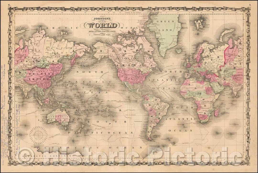 Historic Map - Johnson's Map of the World on Mercator's Projection, 1866, Benjamin Ward v2