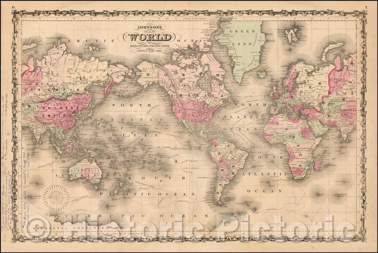 Historic Map - Johnson's Map of the World on Mercator's Projection, 1866, Benjamin Ward v2