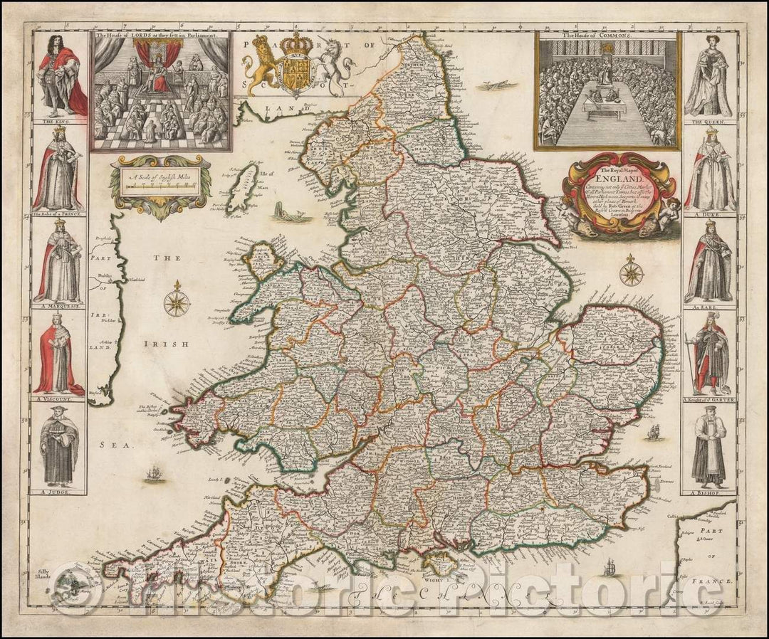 Historic Map - The Royal Map of England. Containing not only ye Citties, Market & all Parliament Townes, but also the Rivers, Highwaies, Sea ports, 1688 - Vintage Wall Art