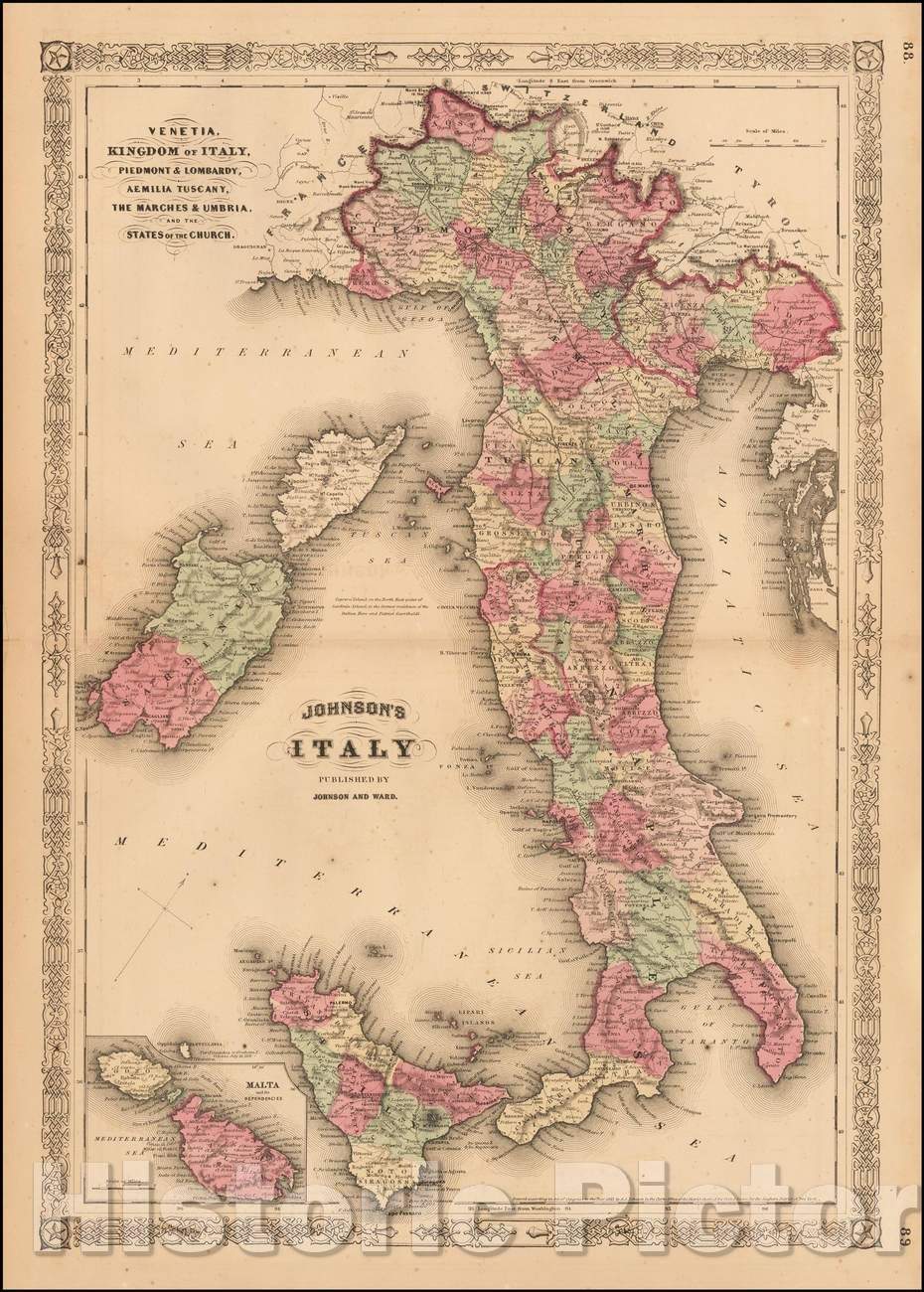 Historic Map - Johnson's Italy. Venetia, Kingdom of Italy, Piedmont and Lombardy, Aemilia Tuscany, the Marches & Umbria, and the States of the Church, 1870 v2