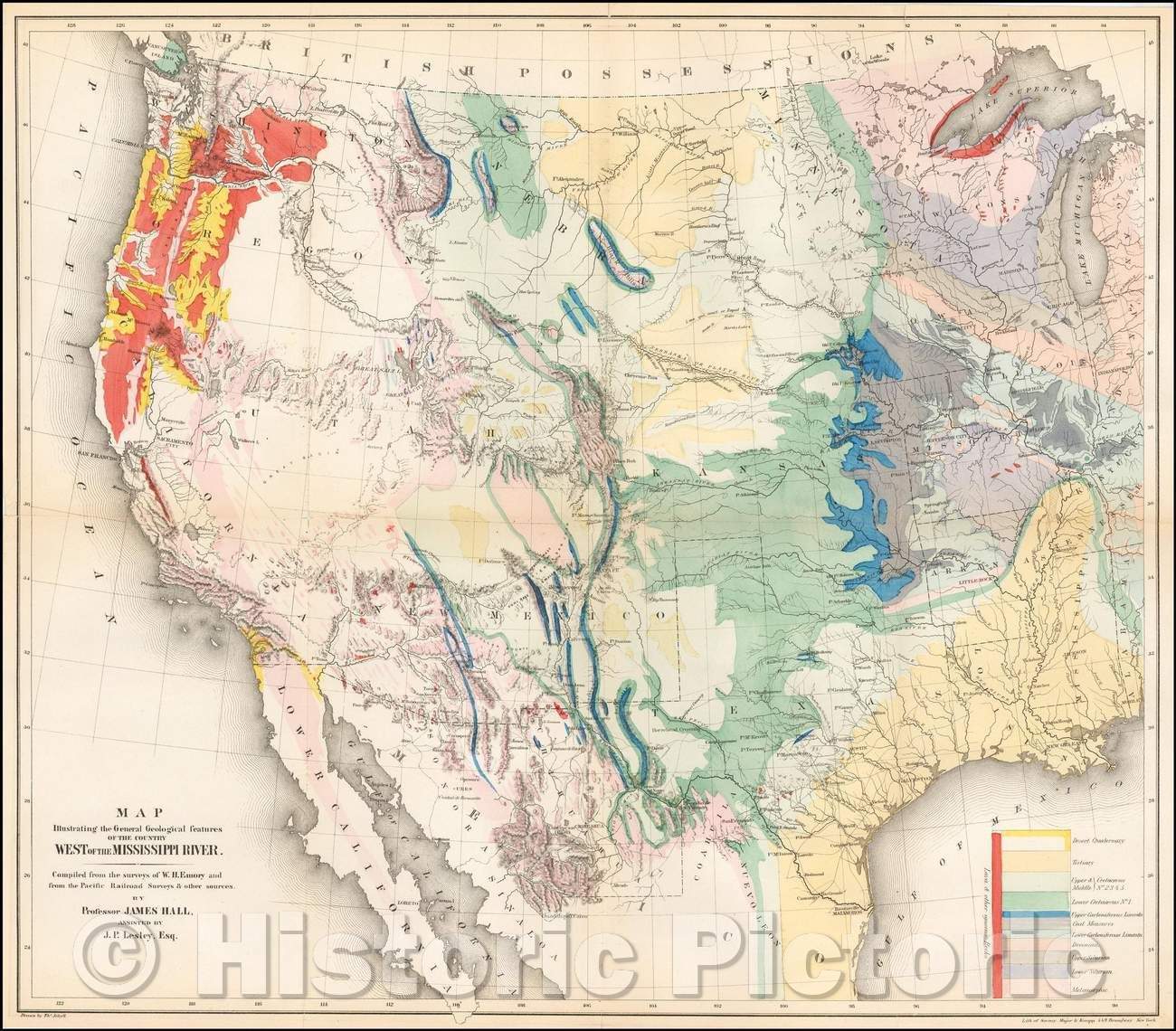 Historic Map - Map Illustrating the General Geological Features of the Country West of the Mississippi River, 1857, William Hemsley Emory - Vintage Wall Art