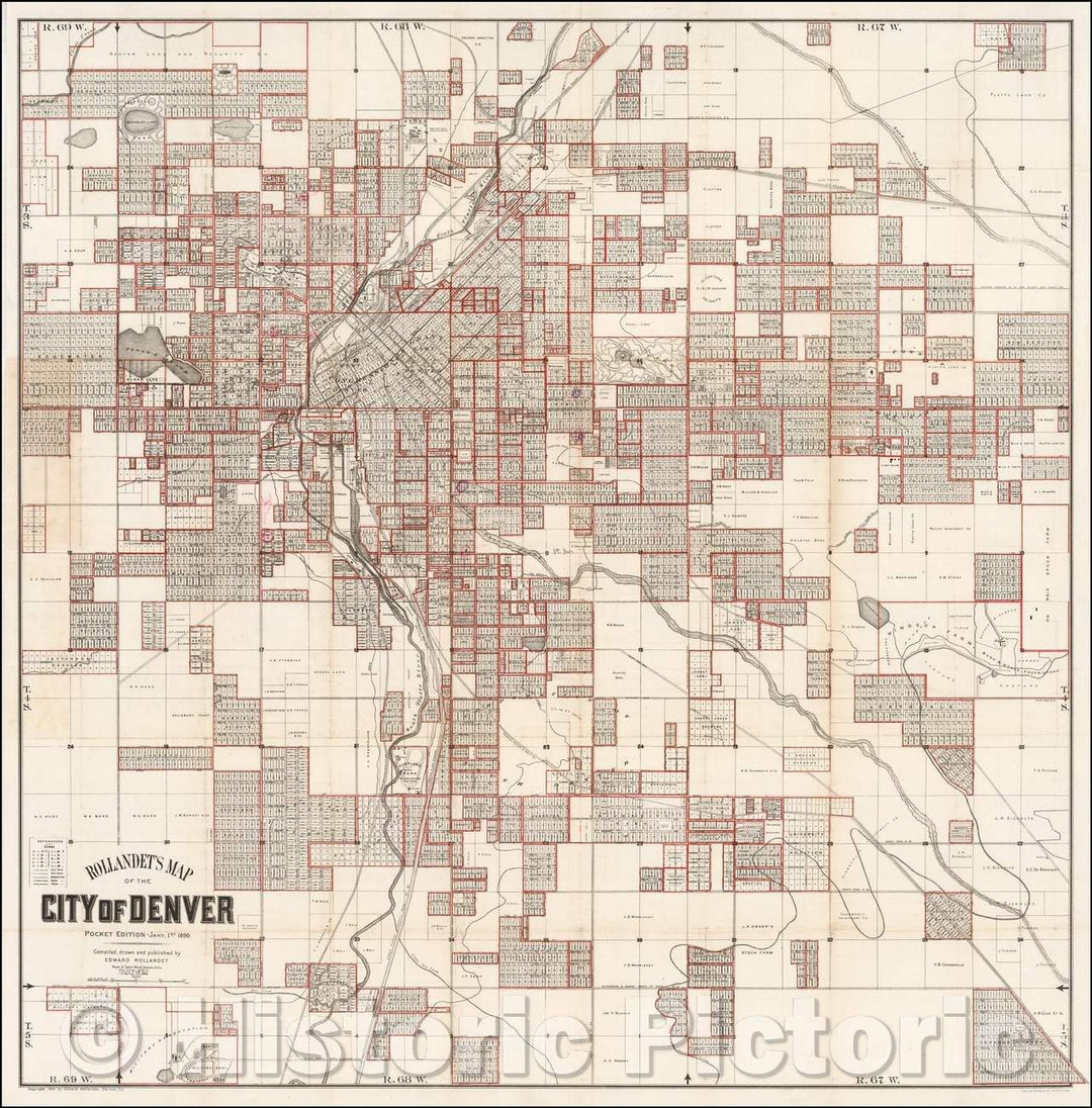 Historic Map - Rollandet's Map of the City of Denver Colorado - Pocket Edition- Jany. 1st 1890, 1890, Edward Rollandet - Vintage Wall Art