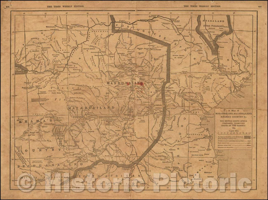 Historic Map - A Map of Mashonaland, Matabeliland, Khama's Country The British South Africa Company's Territory South of the Zambesi, 1893, Anonymous - Vintage Wall Art