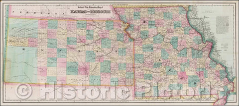 Historic Map - Colton's New Township Map of the states of Kansas and Missouri, 1863, G.W. & C.B. Colton - Vintage Wall Art