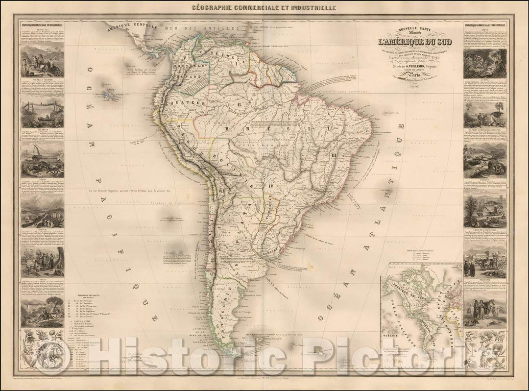 Historic Map - Nouvelle Carte Illustree De L'Amerique Du Sud Indiquant Les Grandes Divisions Physiques/Map of South America, in Paris by Vuillemin, 1857 - Vintage Wall Art