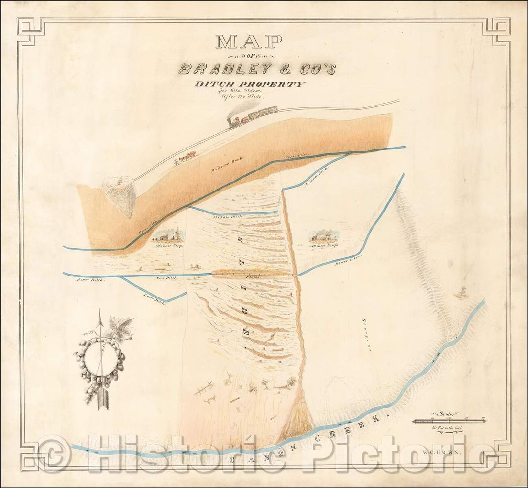 Historic Map - Chinese Railroad Laborers and Camps - California Gold Country, Map of Bradley & Co's Ditch Property, 1880, Charles Edwin Uren - Vintage Wall Art