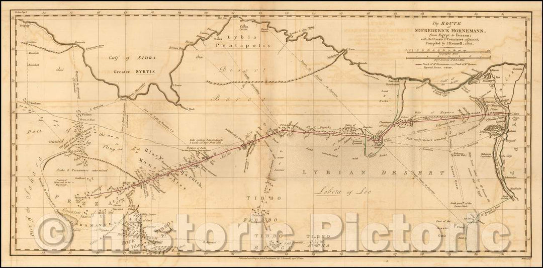 Historic Map - The Route of Mr. Frederick Hornemann, from Aegypt to Fezzan; withteh Coasts & Countries adjacent, 1802, James Rennell - Vintage Wall Art