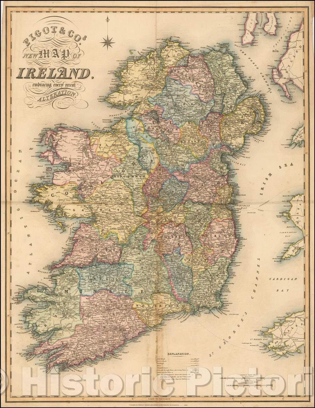 Historic Map - Pigot & Cos. New Map of Ireland. embracing every recent Alteration, 1840, James Pigot - Vintage Wall Art