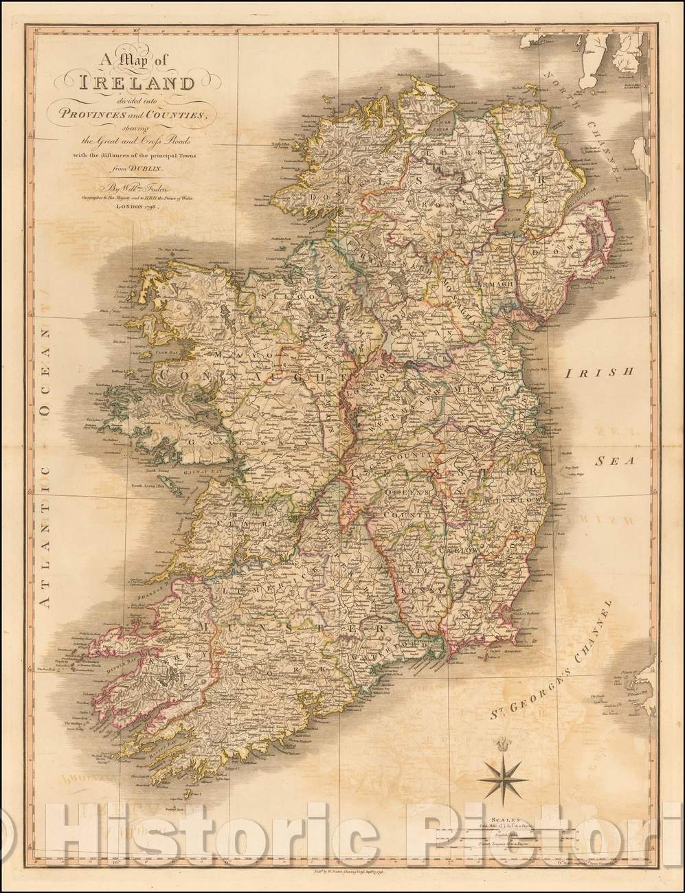 Historic Map - A of Ireland Divided into Provinces and Counties, Showing the Great and Cross Roads with the Distances of the Principal Towns from Dublin, 1798 v2