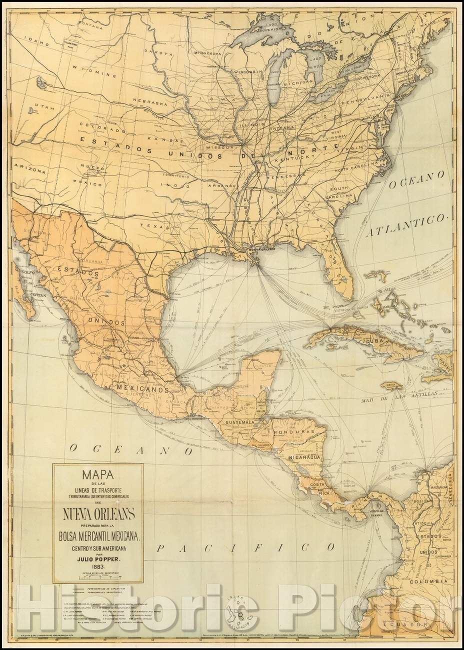 Historic Map - Mapa de las lineas de transporte tributarias a los intereses comerciales de Nueva Orleans/New Orleans, Idaho, Utah,Arizona, Caribbean, 1883 - Vintage Wall Art