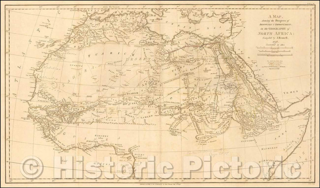 Historic Map - A Map, shewing the Progress of Discovery & Improvement, in the Geography of North Africa. 1798, Corrected to 1802, 1802, James Rennell - Vintage Wall Art