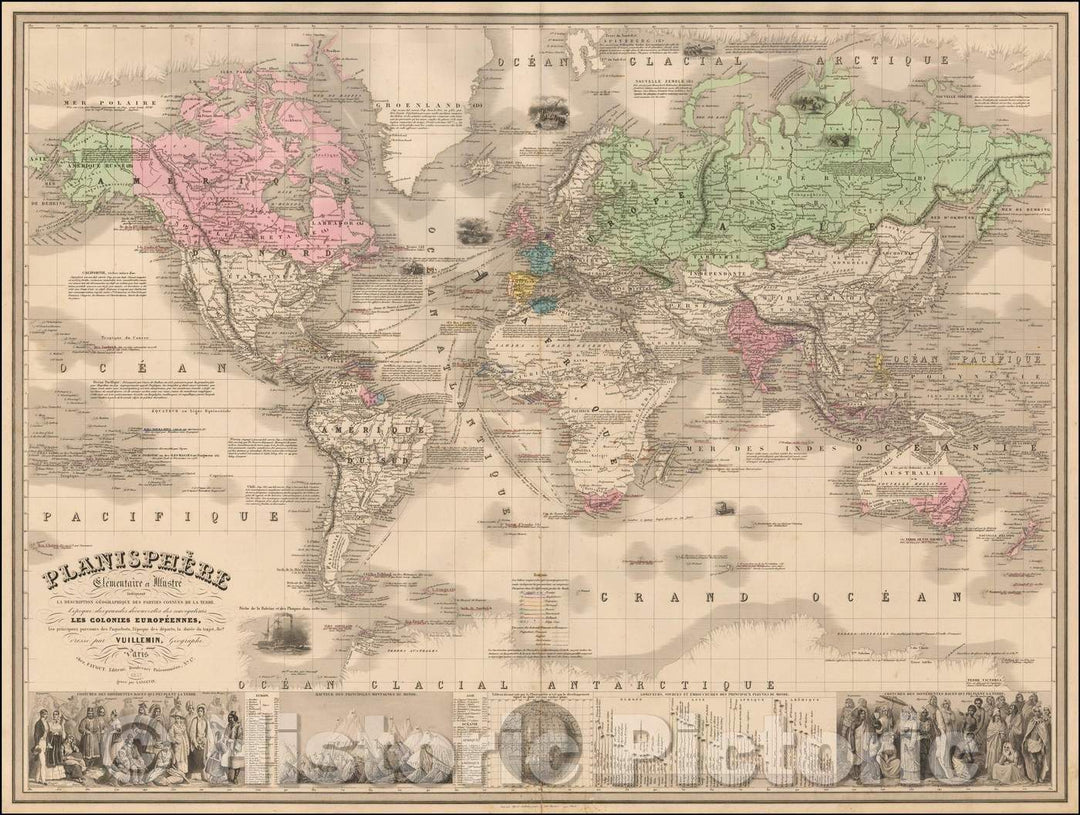 Historic Map - Planisphere Elementaire et Illustre Iniquant La Description Geographique Des Parties Connues De La Terre. Les decouvertes maritimes et continentales, 1856 v2