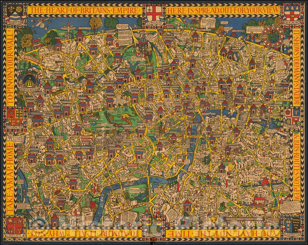 Historic Map - London The Heart of the British Empire Here Is Spread Out For Your View, 1927, MacDonald Gill - Vintage Wall Art