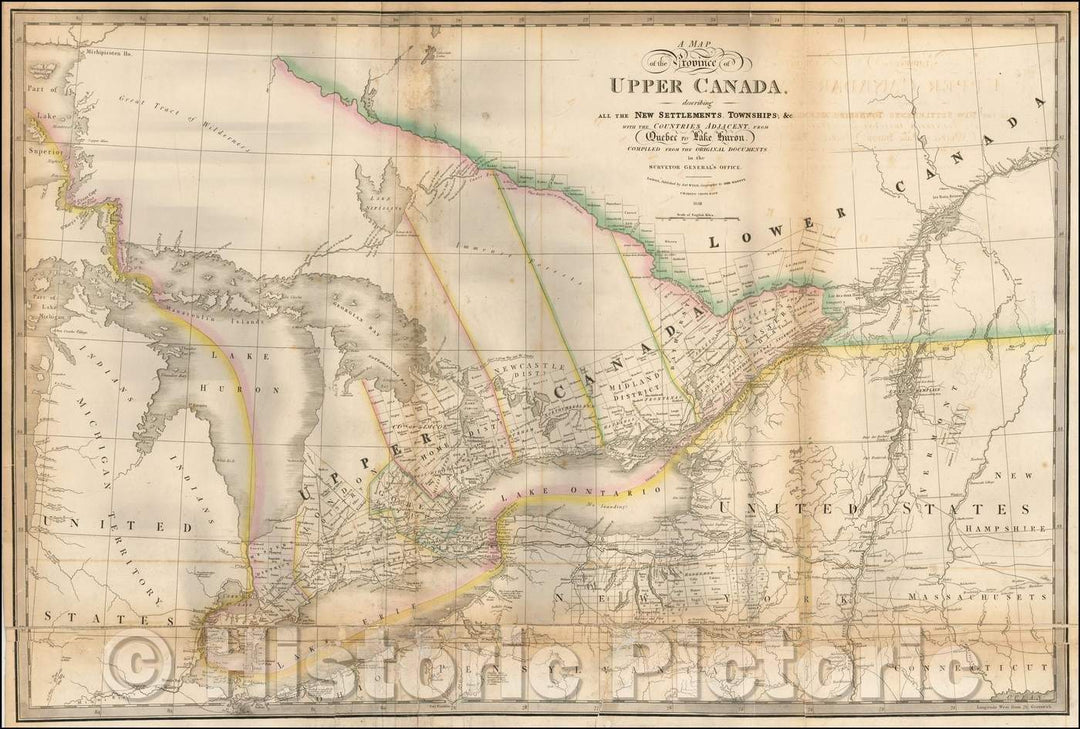 Historic Map - Province of Upper Canada, describing all the New Settlements, Townships, with the Countries Adjacent, From Quebec to Lake Huron. Co, 1838 - Vintage Wall Art