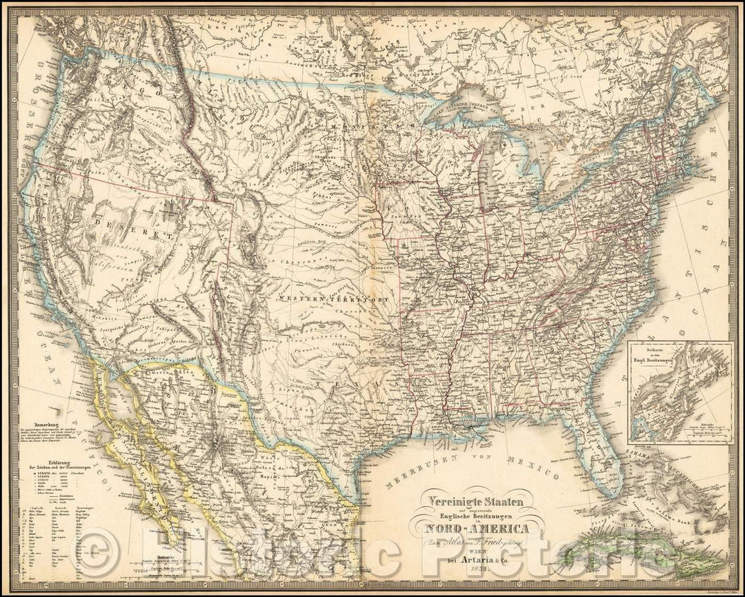 Historic Map - (Deseret Shown) Vereinigte Staaten und angrenzende/Map of the United States, delineated Region named Deseret, 1852, Artaria & Co. - Vintage Wall Art