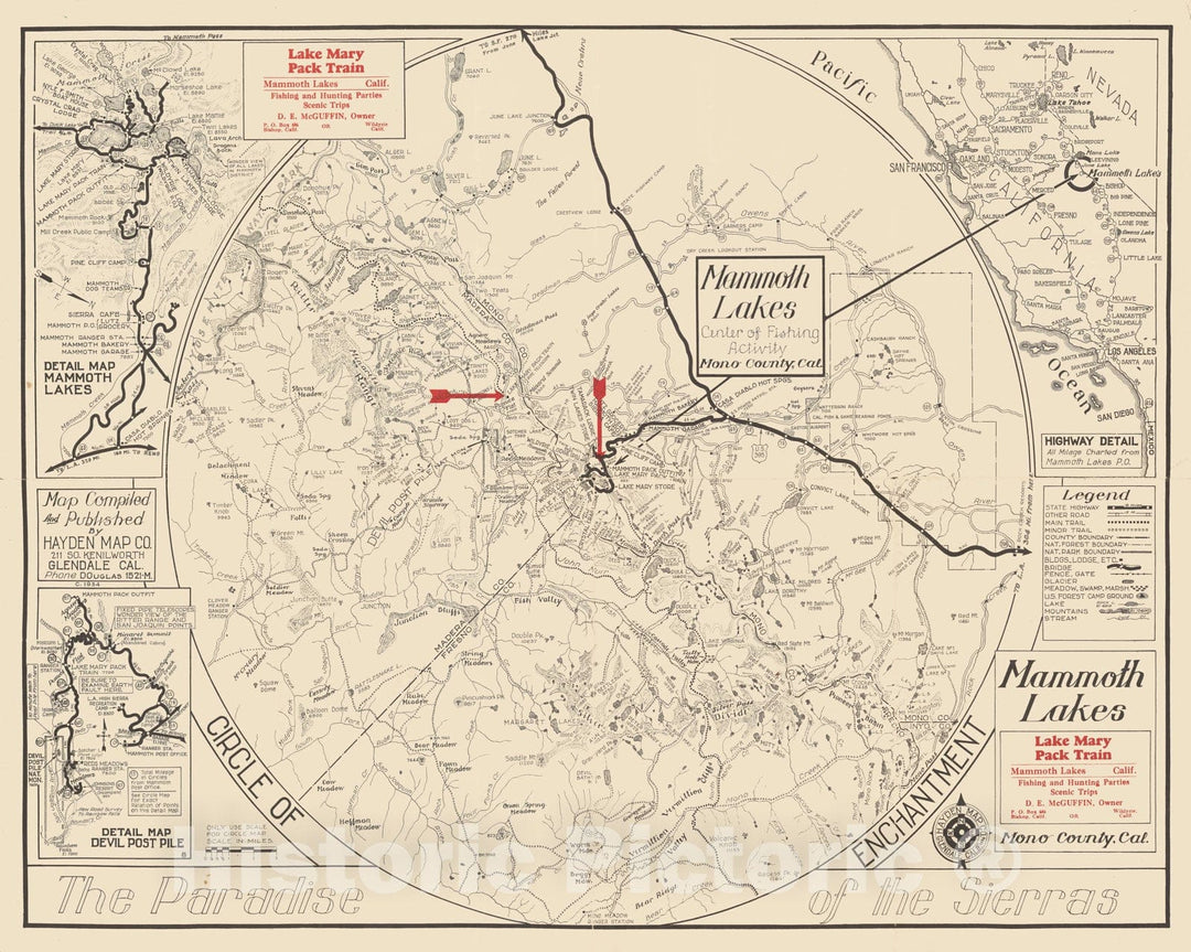 Historic Map - A Circle of Enchantment Mammoth Lakes, Mono County, Cal. The Paradise of the Sierras (Tamarack Lodge Promotional Map), 1934, Hayden Map Co - Vintage Wall Art