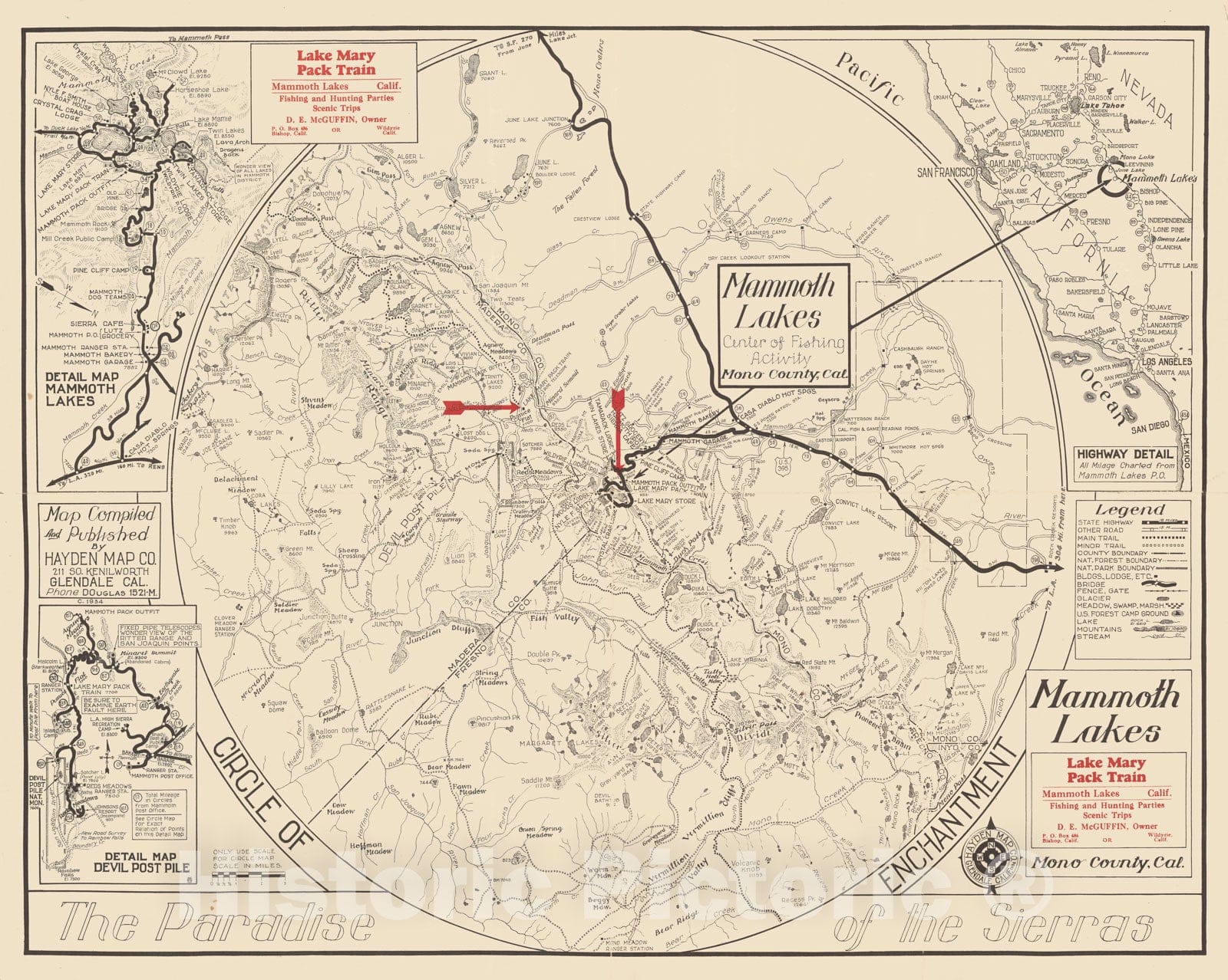 Historic Map - A Circle of Enchantment Mammoth Lakes, Mono County, Cal. The Paradise of the Sierras (Tamarack Lodge Promotional Map), 1934, Hayden Map Co - Vintage Wall Art