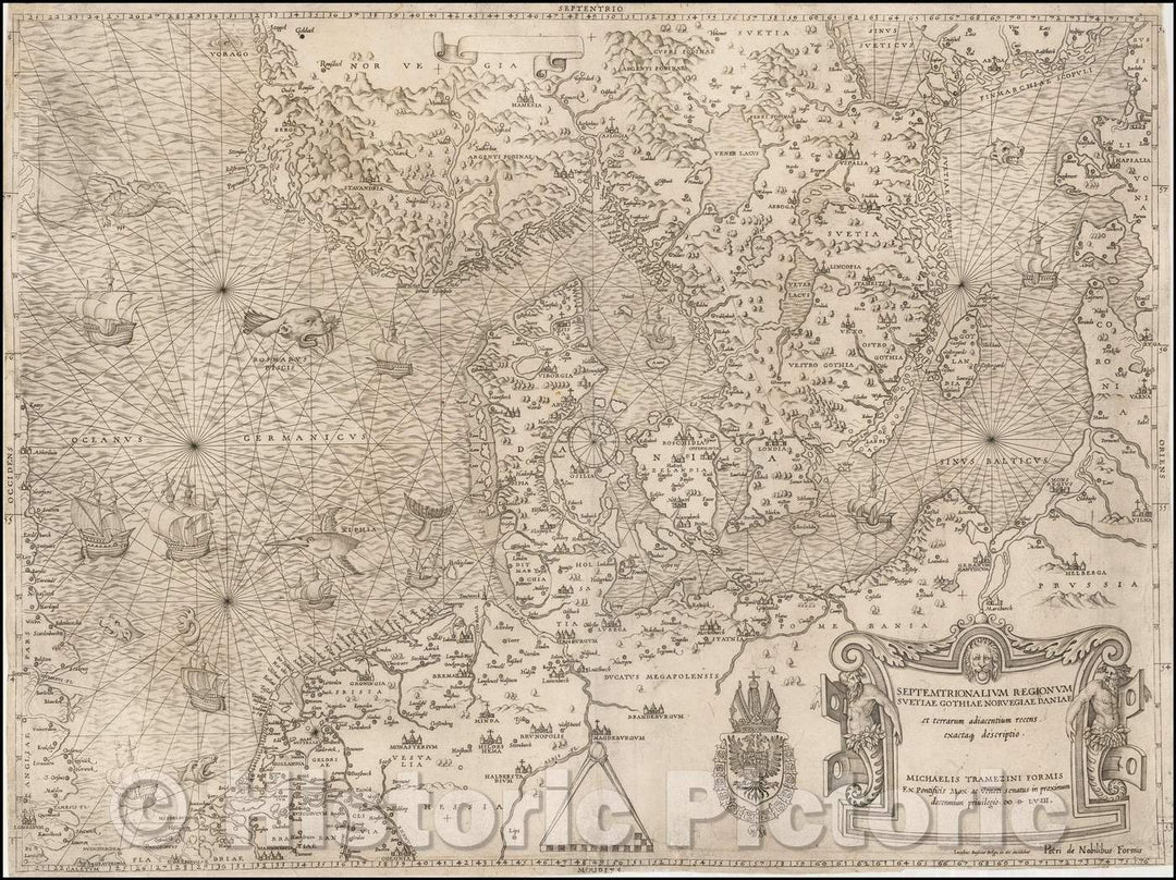 Historic Map - Septemtrionalium Regionum Suetiae Gothiae Norvegiae Daniae et Terrarum :: Modern of Scandinavia and the Baltic Regions, mid-16th century, 1558 - Vintage Wall Art