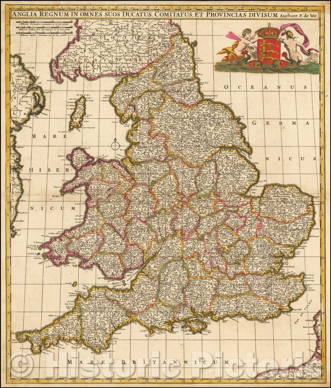 Historic Map - Anglia Regnum In Omnes Suos Ducatus, Comitatus, et Provincias Divisum/Map of England and Wales, colored by counties, 1688, Frederick De Wit - Vintage Wall Art