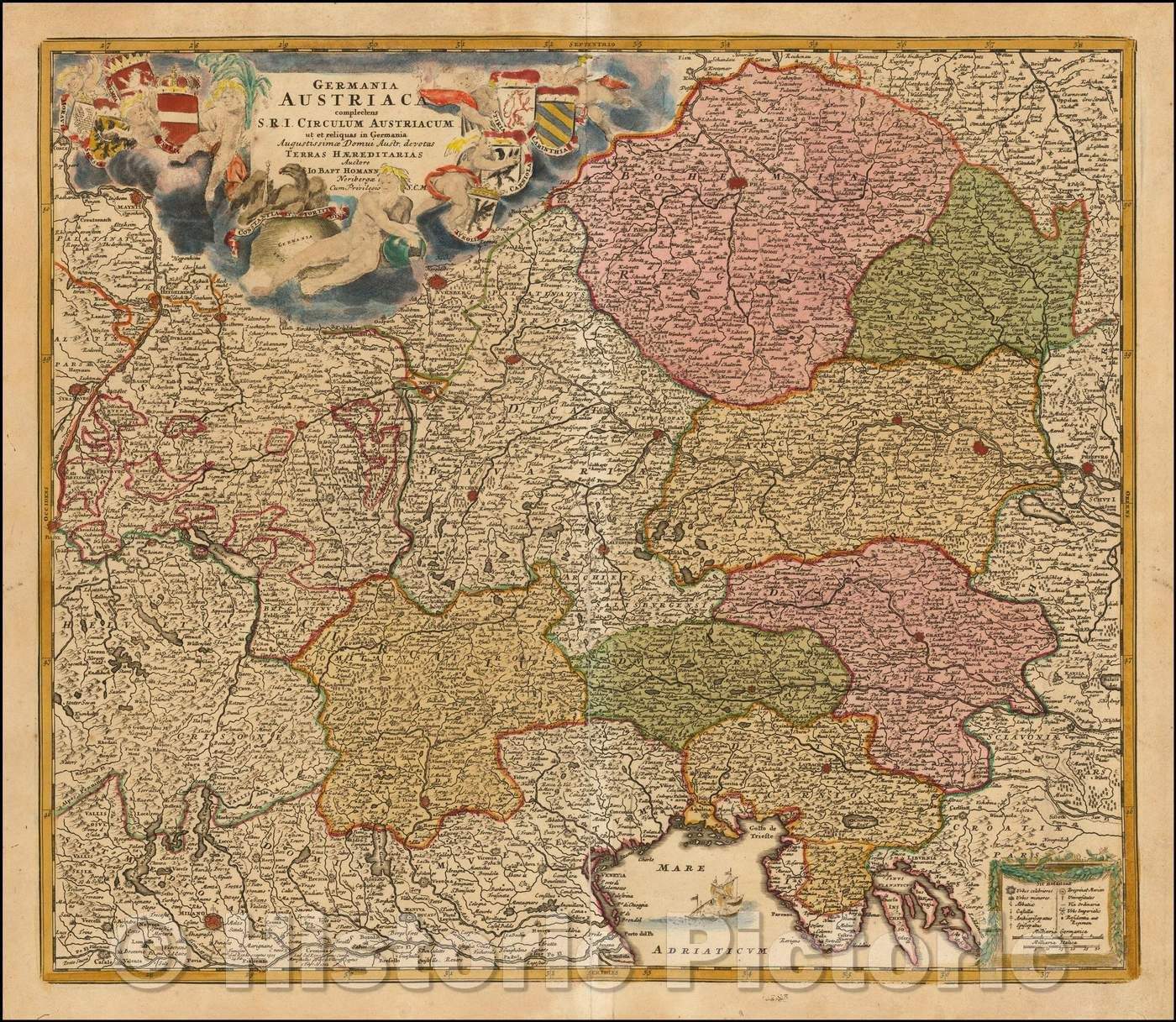 Historic Map - Germania Austriaca complectens S.R.I. Circulum Aust :: Regional of a portion of the Austro-Hungarian Empire, Venice and the Gulf of Trieste, 1710 - Vintage Wall Art