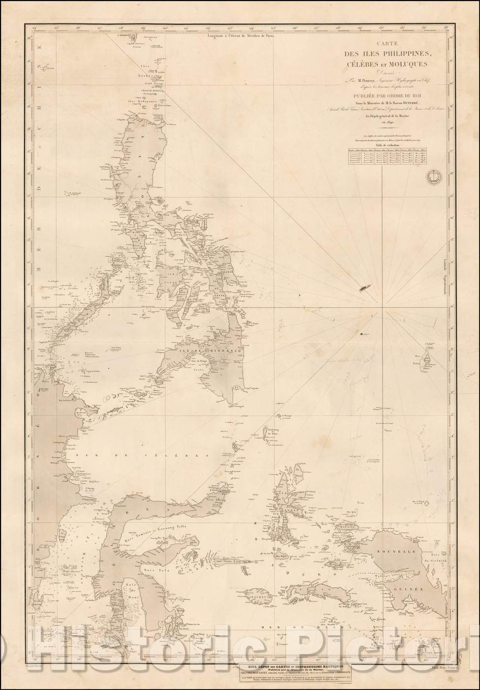 Historic Map - Carte des Iles Philippines, Celebes et Moluques Dressee Par M. Daussy :: Sea chart of the waters around the Philippines, the Celebes, New Guinea, 1840 - Vintage Wall Art