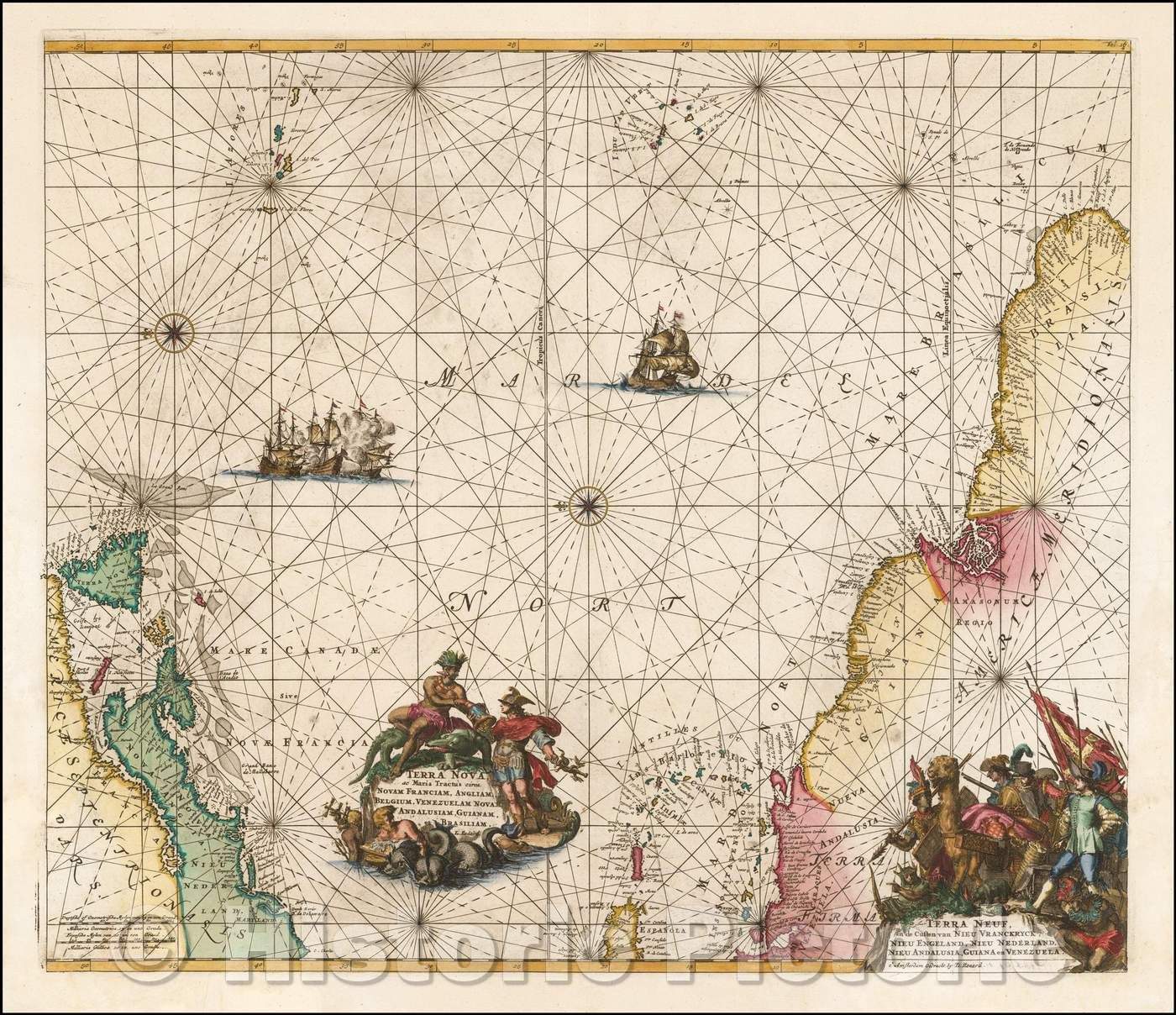 Historic Map - Terra Nova ac Maris Tractus circa Novam Franciam, Angliam, Belgium, Venezuelam, Novam Andalusiam, Guianam, et Brasiliam, 1745, Louis Renard - Vintage Wall Art