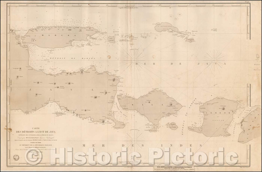 Historic Map - Carte des Detroits a l'est de Java (Detroits de Surabay, Bali/French Sea Chart of Java, Madura, Bali, Lombok and neighboring islands, 1850 - Vintage Wall Art