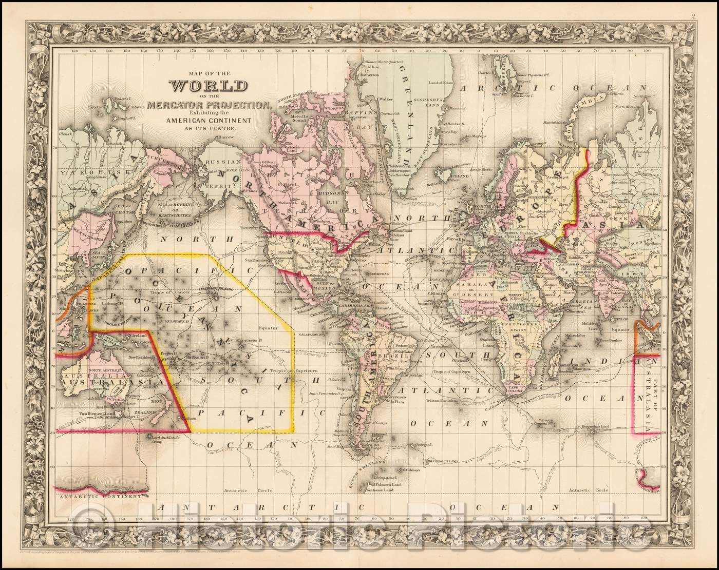 Historic Map - Map of the World on The Mercator Projection, Exhibiting the American Continent As Its Centre, 1864, Samuel Augustus Mitchell Jr. v4