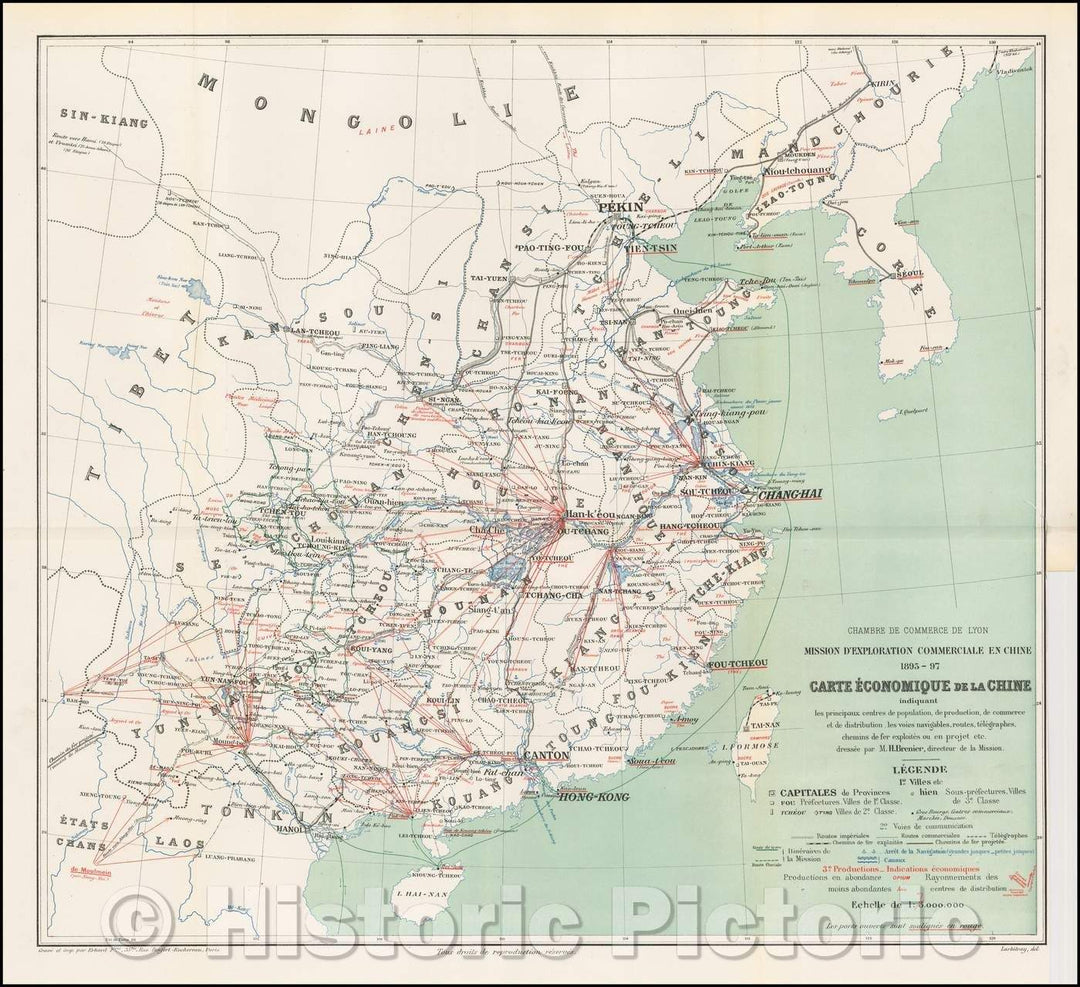 Historic Map - Mission D'Exploration Commerciale en Chine/Regional Map of eastern China, published by the Lyon (France) Chamber of Commerce, 1898 - Vintage Wall Art