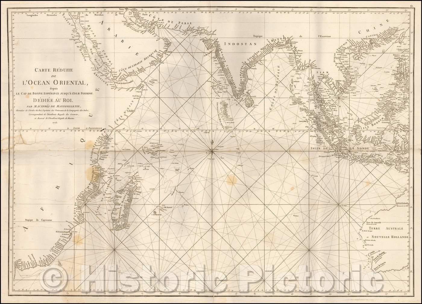 Historic Map - Carte Reduite de l'Ocean Oriental, depuis le Cap de Bonne Esp :: D'Apres De Mannevillette's Chart of the Indian Ocean, Neptune Orientale, 1775 - Vintage Wall Art