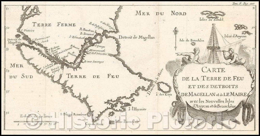 Historic Map - Terre de Feu et des Detroits de Megellan et de Le Maire avec les Nouvelles :: Straits of Magellan, southern Patagonia, or Terre Ferme, 1756 - Vintage Wall Art