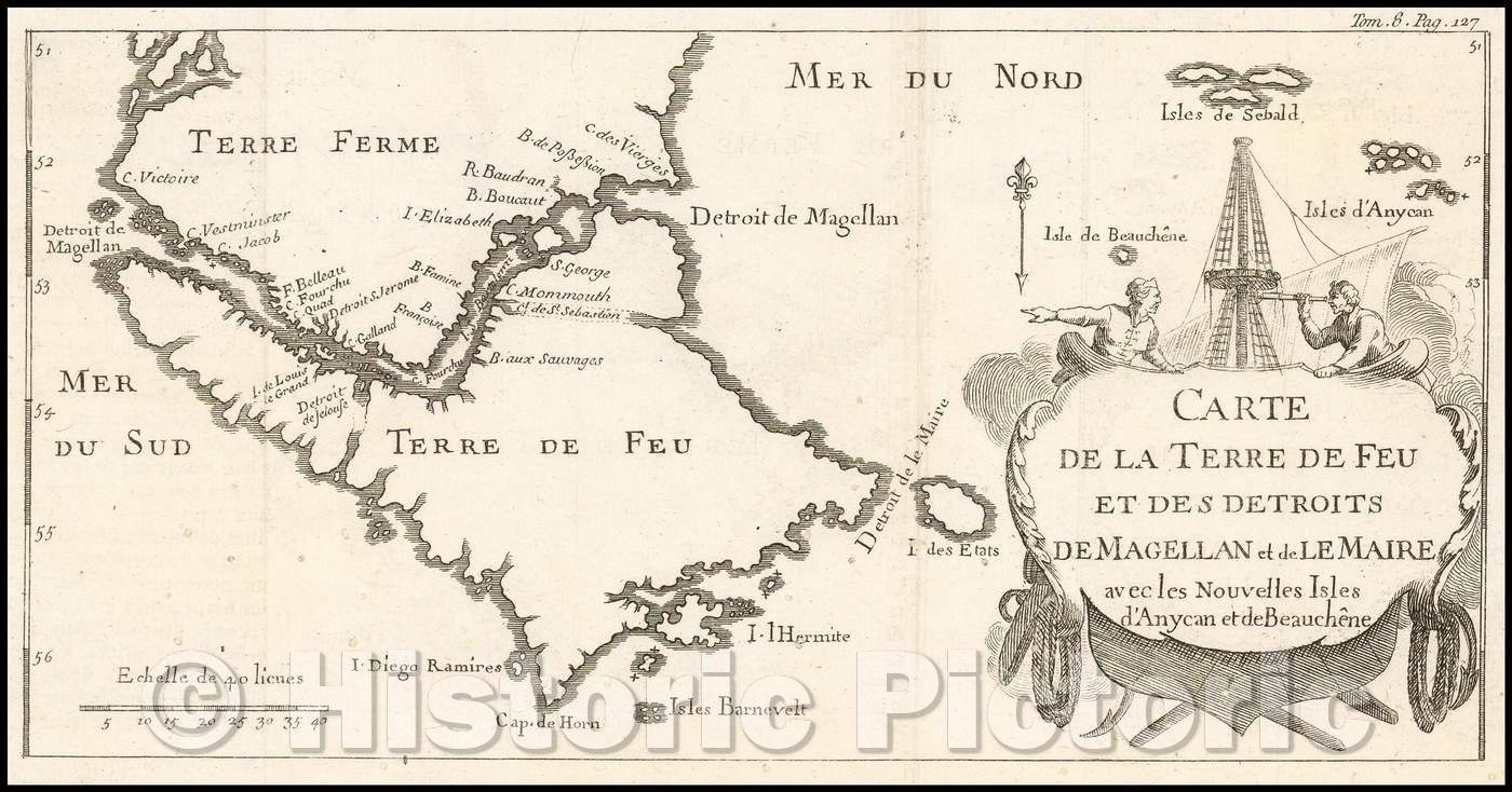 Historic Map - Terre de Feu et des Detroits de Megellan et de Le Maire avec les Nouvelles :: Straits of Magellan, southern Patagonia, or Terre Ferme, 1756 - Vintage Wall Art