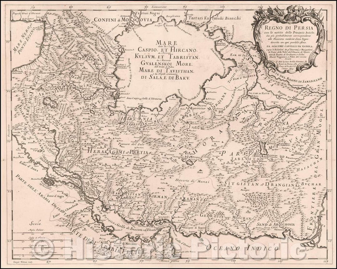 Historic Map - Regno di Persia con le notitie Provincie Antiche, che piu probabi :: 17th Century of Region from Black Sea, Caspian Sea to the Persian Gulf, 1679 - Vintage Wall Art