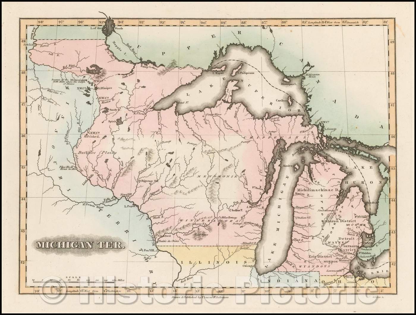 Historic Map - Michigan, 1823, Fielding Lucas Jr. - Vintage Wall Art