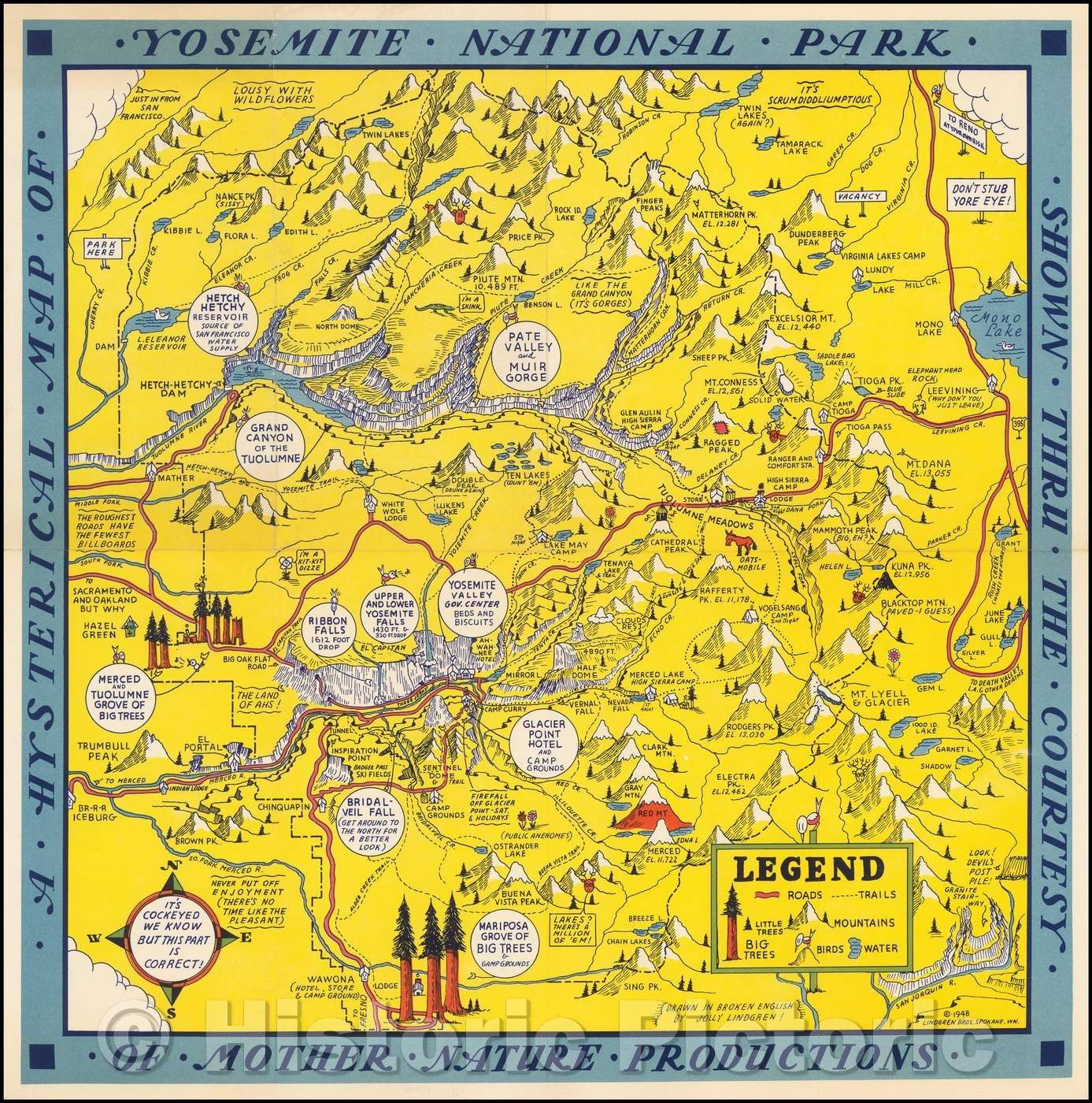 Historic Map - A Hysterical Map Of Yosemite National Park Shown Through the Courtesy of Mother Nature Productions, 1948, Lindgren Brothers - Vintage Wall Art