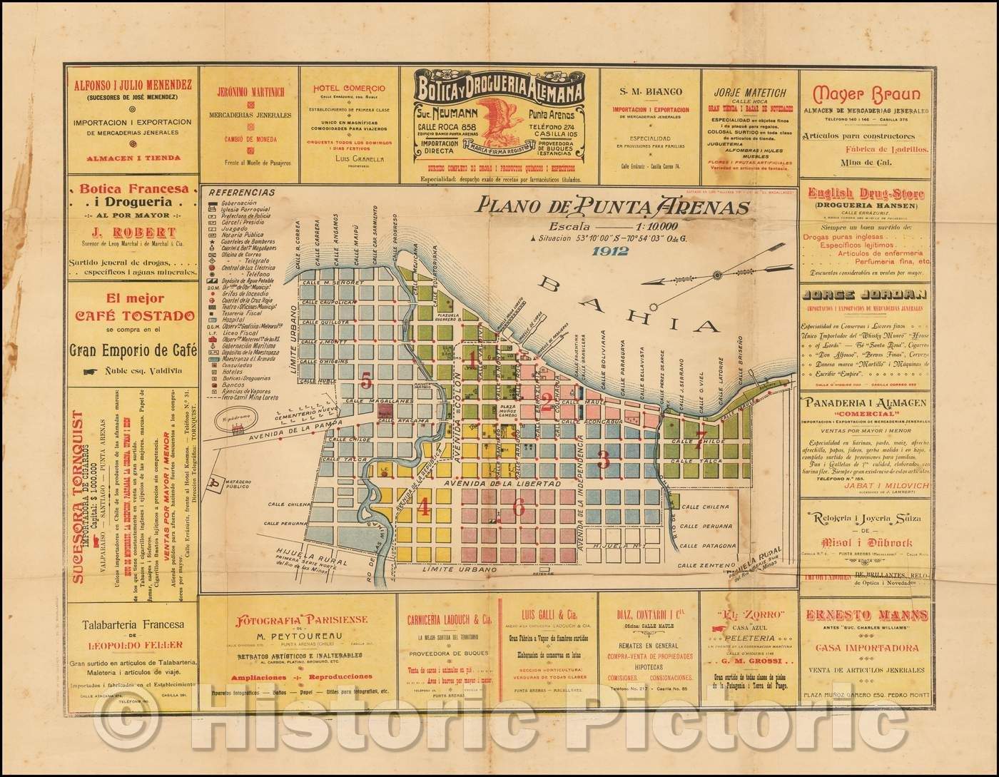 Historic Map - (Chile) Plano de Punta Arenas :: The Largest City in the World South of the 46th Parallel South - Shortly After The Tierra del Fuego Gold Rush, 1912 - Vintage Wall Art