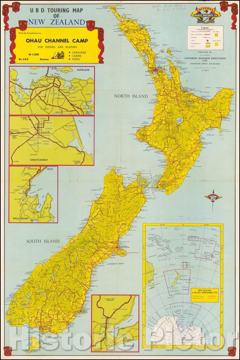 Historic Map - Touring Map of New Zealand With the Compliments of Ohau Channel Camp, 1959, Universal Maps - Vintage Wall Art