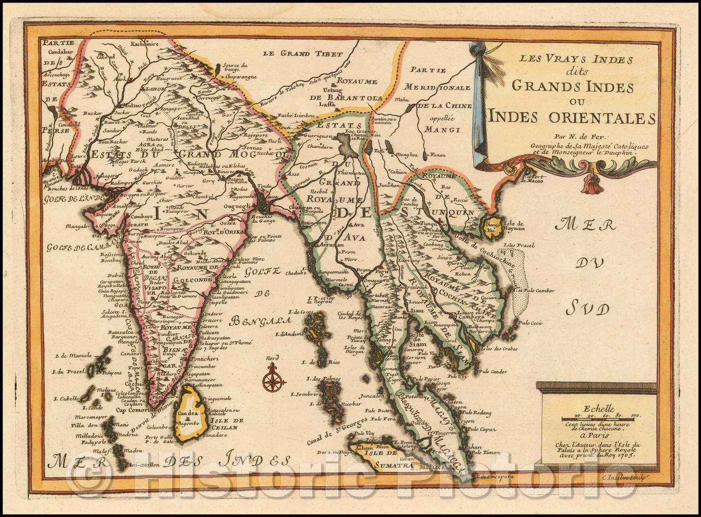 Historic Map - Les Vrays Indes dits Grands Indes ou Indes Orientales/Map of India and the Malaysian Peninsula. From De Fer's Atlas Curieux, 1705 - Vintage Wall Art