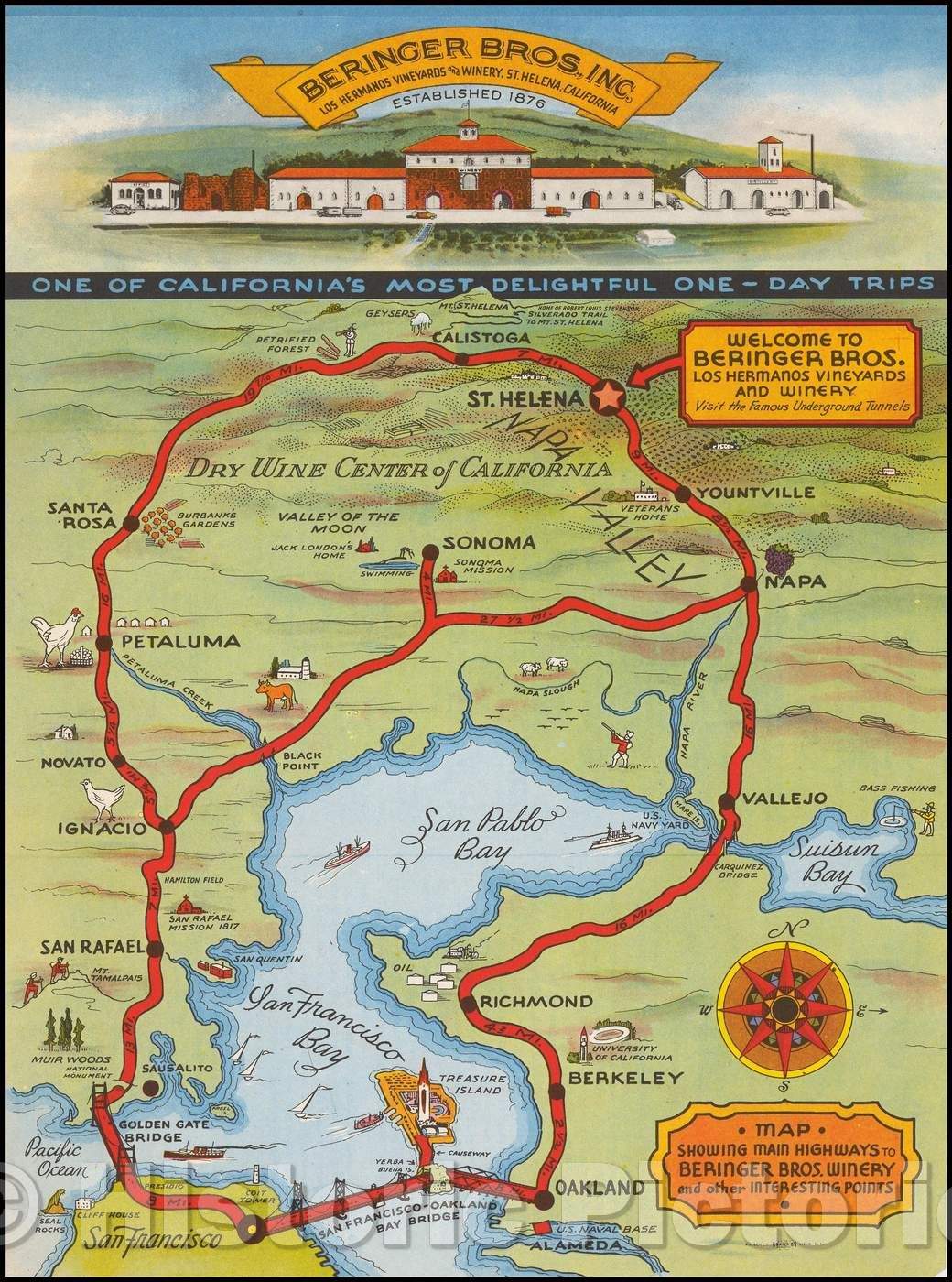 Historic Map - Map Showing Main Highways To Beringer Bros. Winery and other Interesting Points, 1938, Koersch Co. - Vintage Wall Art