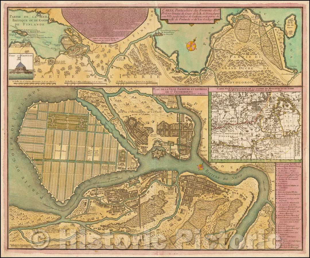 Historic Map - Plan de la Ville Faubourg et Environs De St. Petersbourg apresent Cap :: Plan of St. Petersburg, engraved by Durand, Paris by Jean de Beaurain, 1741 - Vintage Wall Art